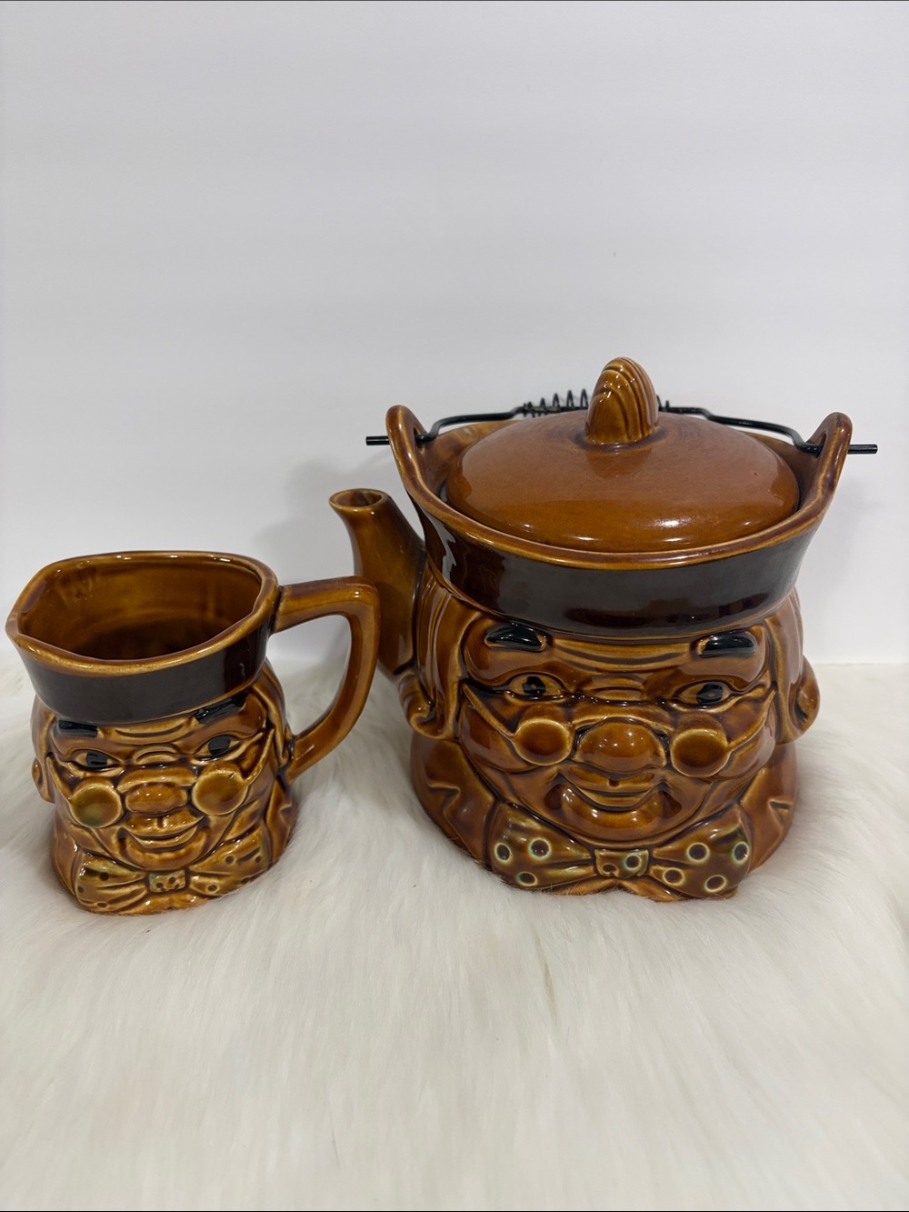 Vintage Brown Ceramic Character Teapot And Creamer